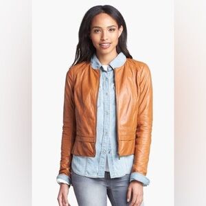 Halogen Seamed Tan Leather Jacket